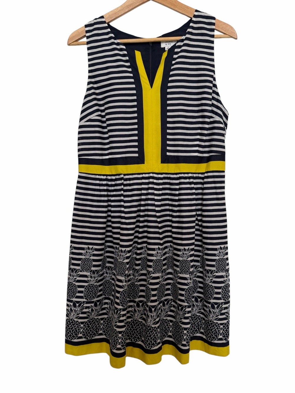 Crown & Ivy Dress 10 Navy White Yellow Striped Pineapple Print Sleeveless Preppy